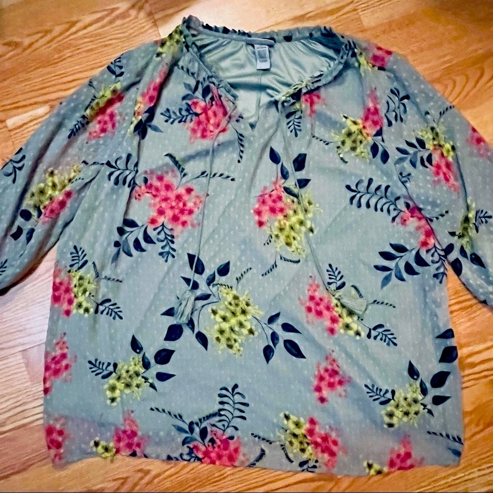 CATHERINE’S 3/4 Sleeve Lined Blouse Green with Floral Print Keyhole Tassel Tie
